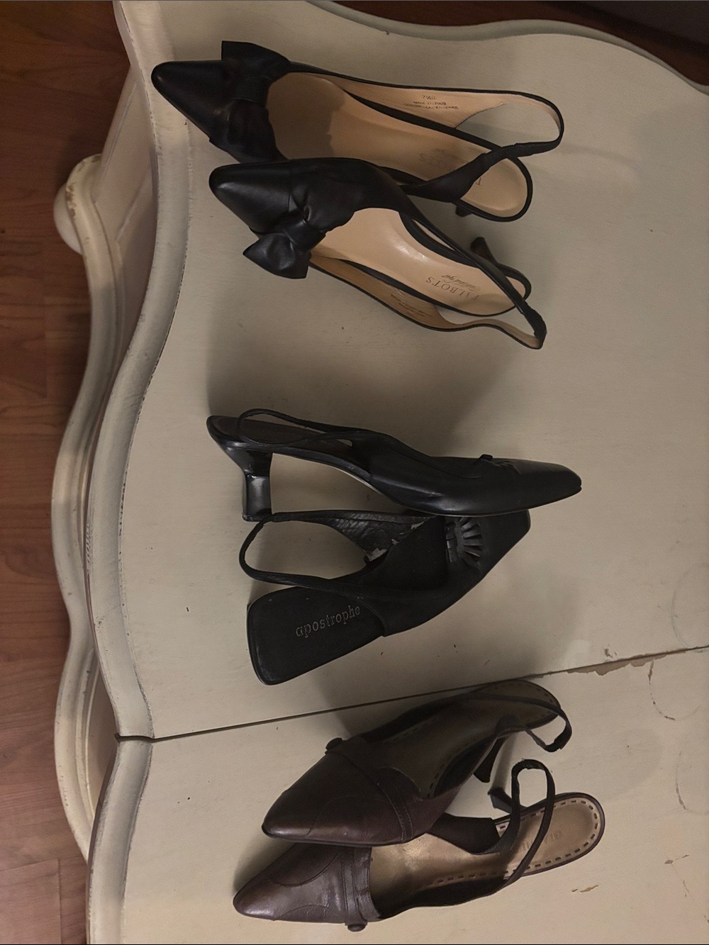Apostrophe Black and Brown Slingback Pointed-Toe Heels with Bow Accent